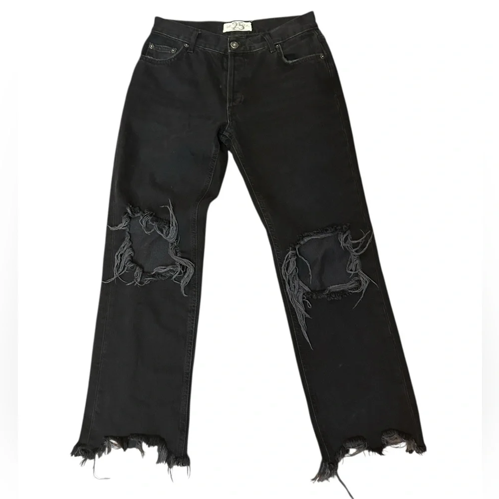 Free People Maggie Distressed Straight Leg Jeans In Washed Black Size 25